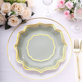 Sage Green Disposable Party Plates with Scalloped Gold Rim